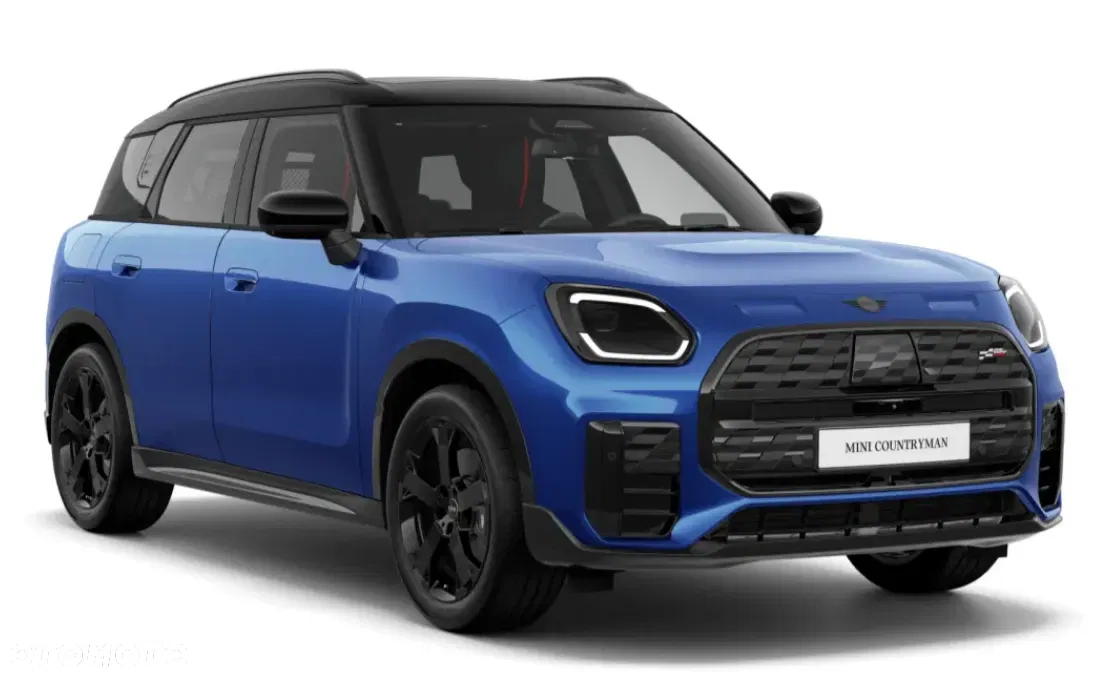 Niebieski MINI Countryman na białym tle, ujęcie przód-bok, czarne elementy nadwozia. MINI M-Cars Kraków, Małopolska